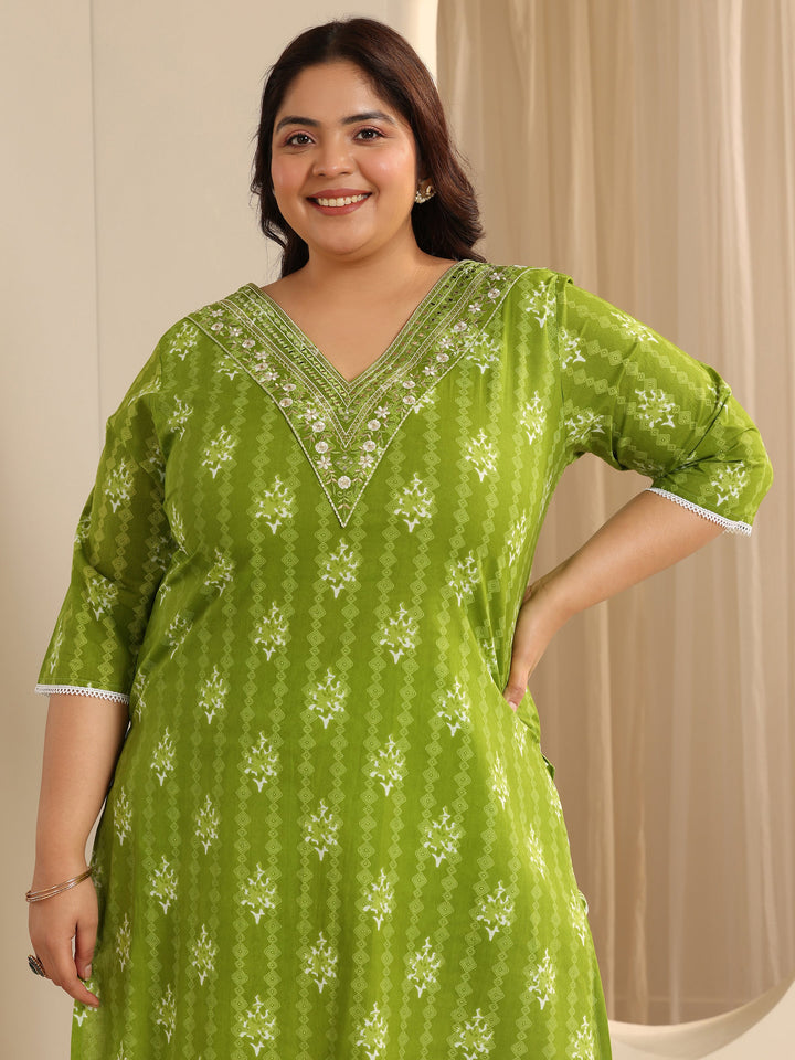 Green Printed Cotton Straight Suit Set With Dupatta