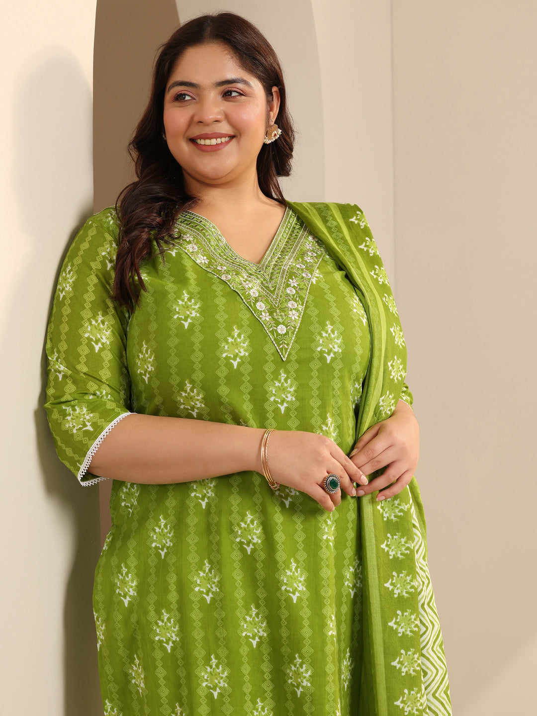 Green Printed Cotton Straight Suit Set With Dupatta