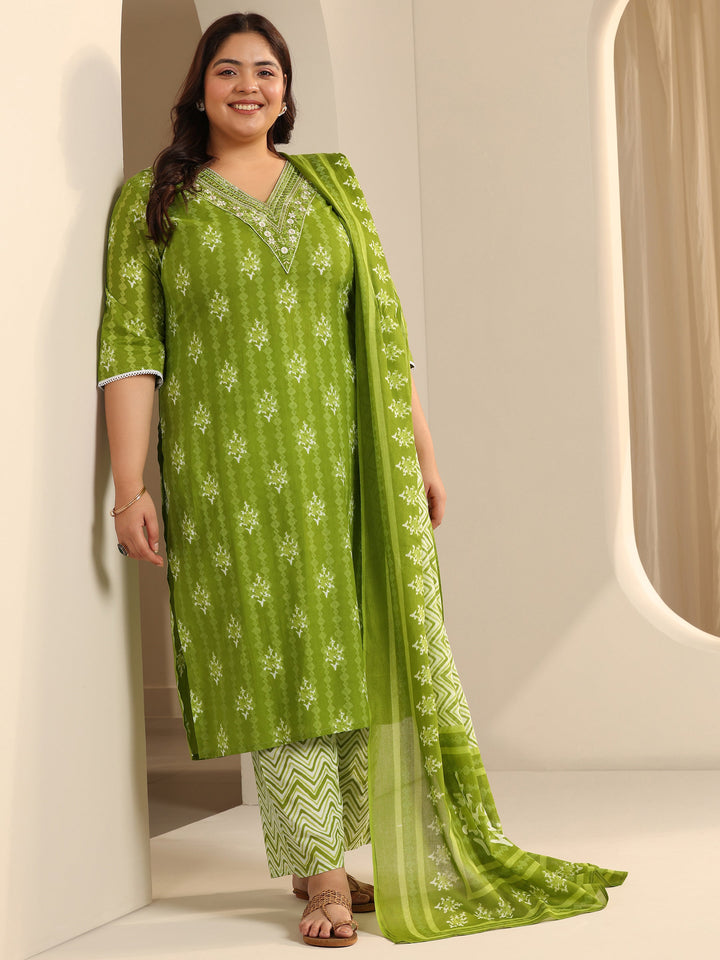 Green Printed Cotton Straight Suit Set With Dupatta