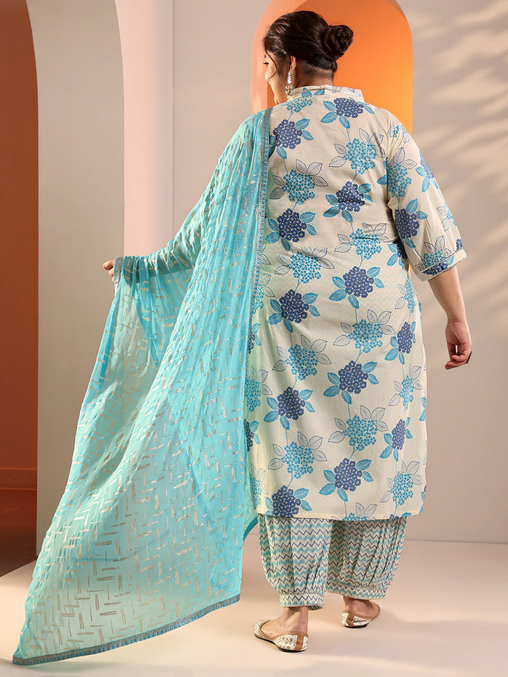 Plus Size Off White Printed Cotton Straight Suit Set With Dupatta