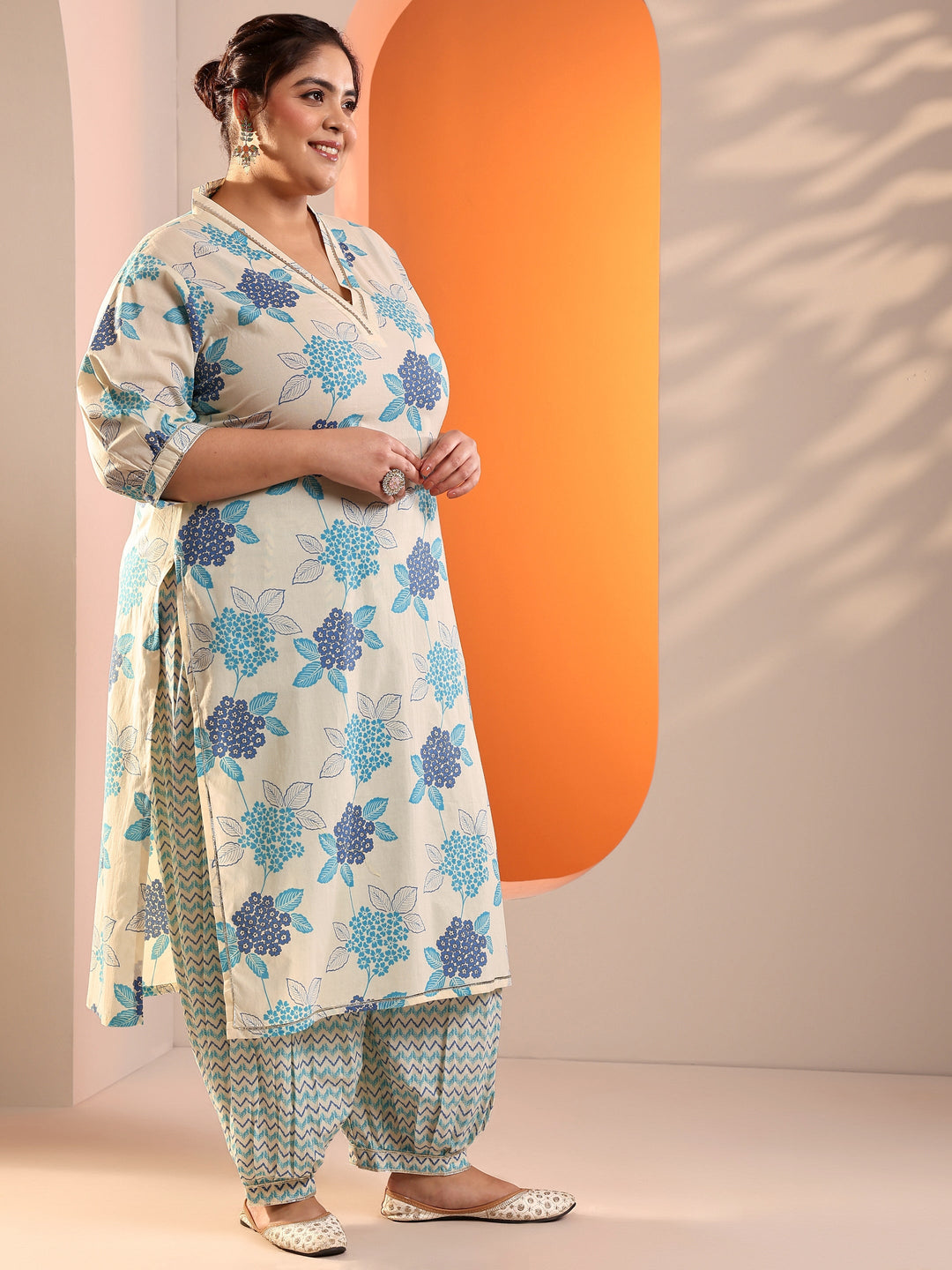 Plus Size Off White Printed Cotton Straight Suit Set With Dupatta