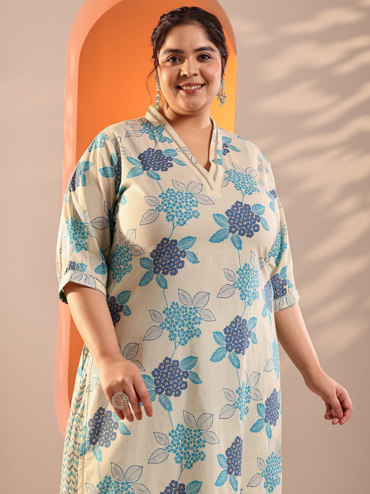 Plus Size Off White Printed Cotton Straight Suit Set With Dupatta