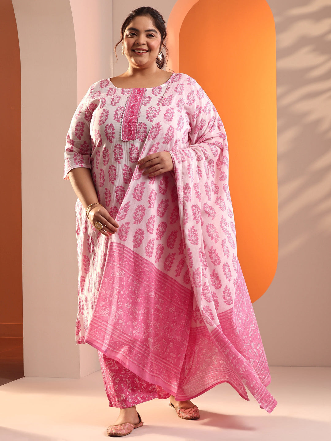 Plus Size White Floral Printed Cotton Straight Suit Set With Dupatta