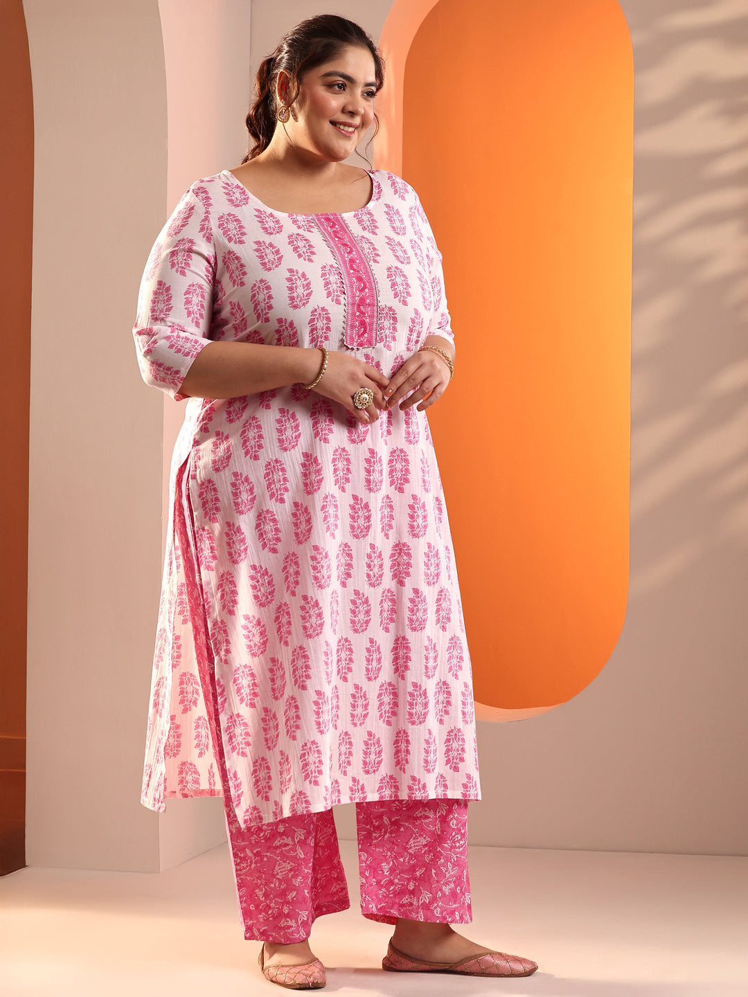 Plus Size White Floral Printed Cotton Straight Suit Set With Dupatta