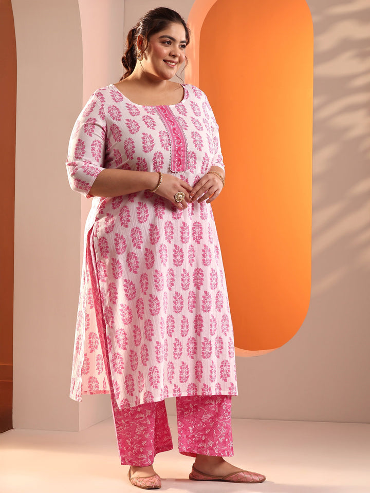 Plus Size White Floral Printed Cotton Straight Suit Set With Dupatta