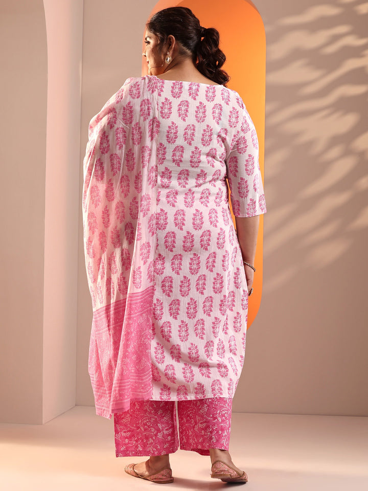 Plus Size White Floral Printed Cotton Straight Suit Set With Dupatta