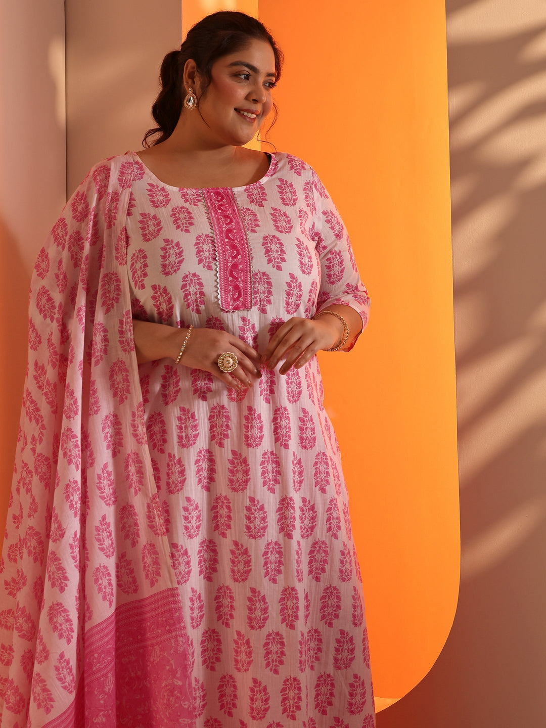 Plus Size White Floral Printed Cotton Straight Suit Set With Dupatta
