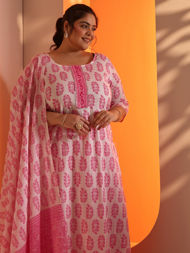 Plus Size White Floral Printed Cotton Straight Suit Set With Dupatta