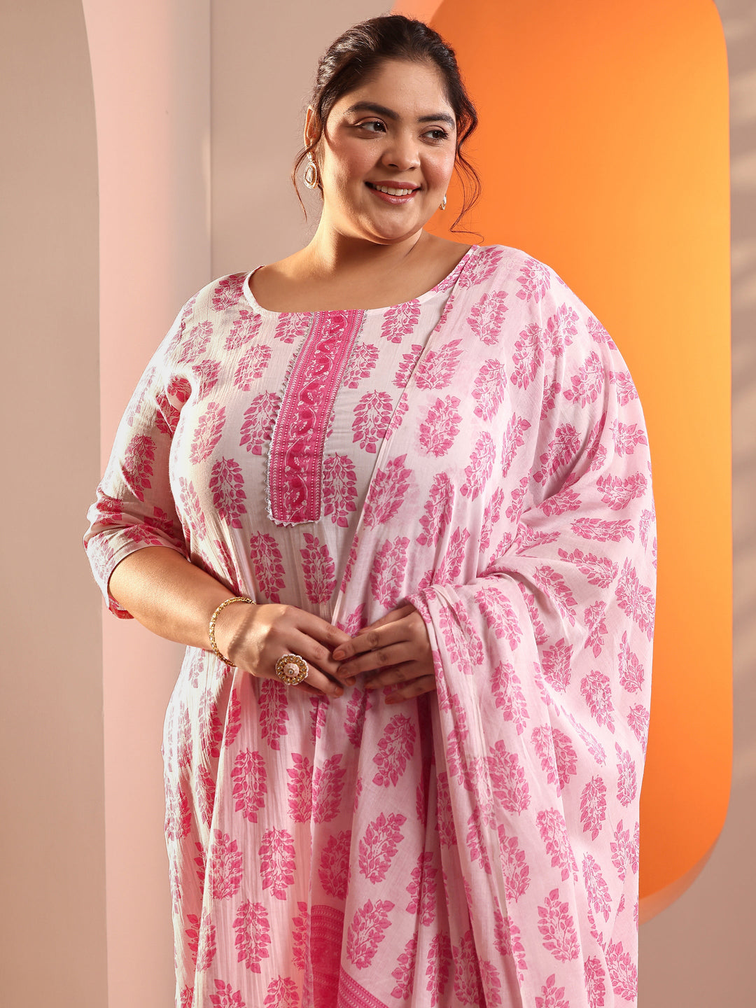 Plus Size White Floral Printed Cotton Straight Suit Set With Dupatta