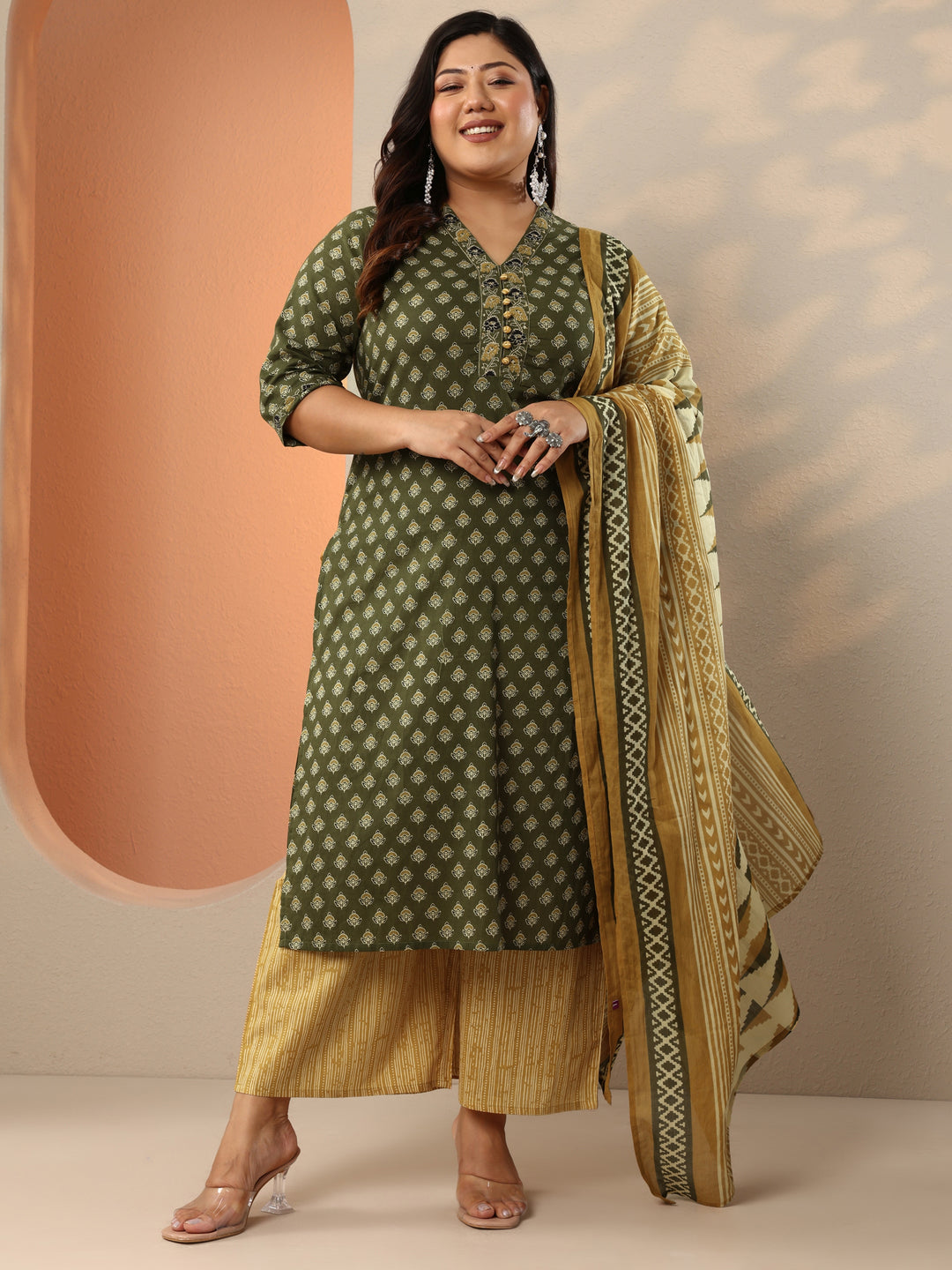 Plus Size Green Printed Cotton Straight Suit Set With Dupatta