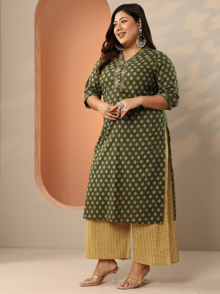 Plus Size Green Printed Cotton Straight Suit Set With Dupatta
