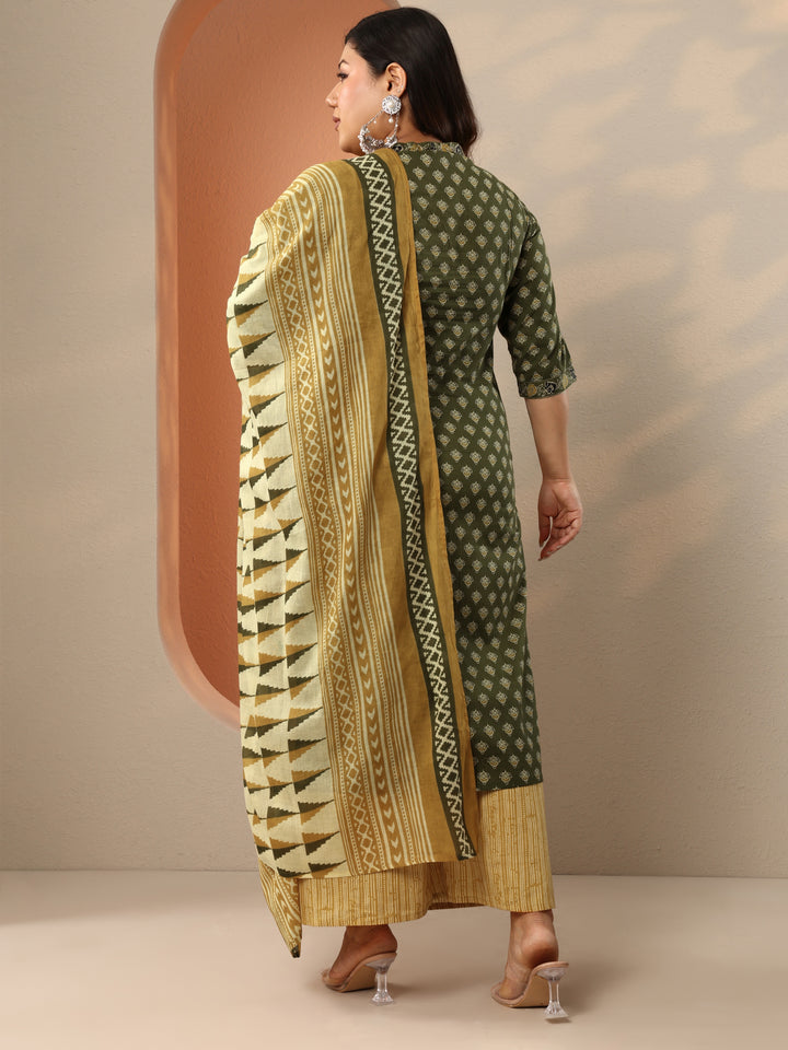 Plus Size Green Printed Cotton Straight Suit Set With Dupatta
