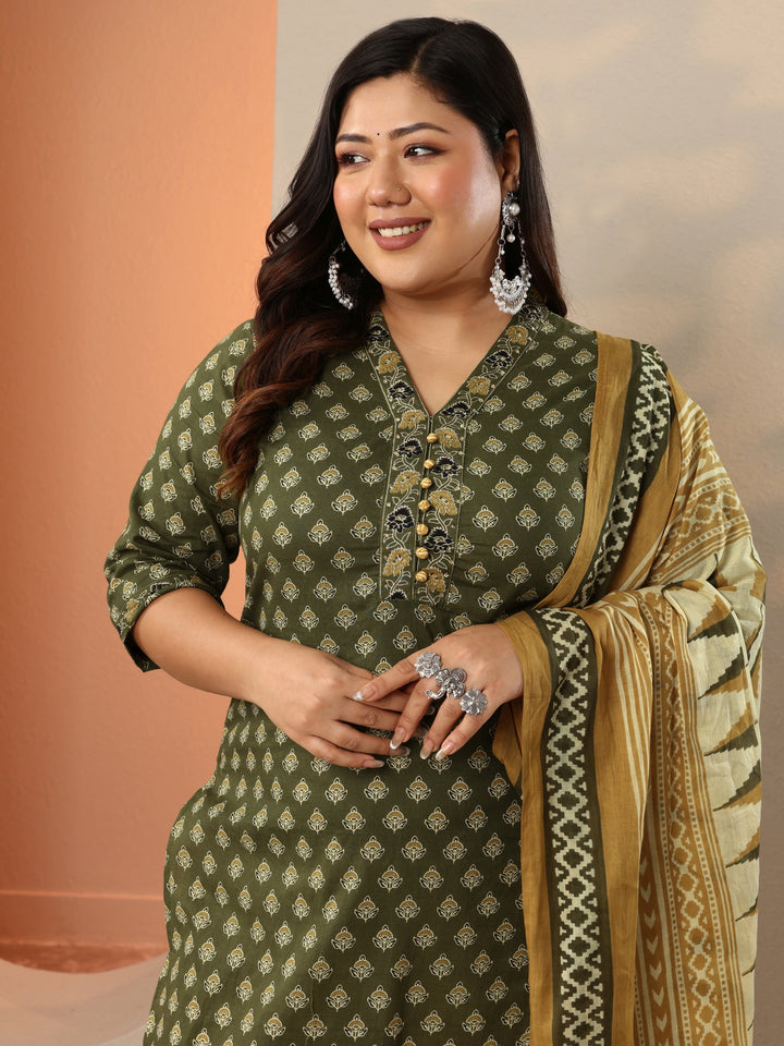 Plus Size Green Printed Cotton Straight Suit Set With Dupatta