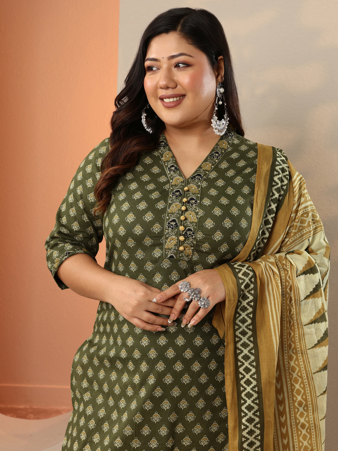 Plus Size Green Printed Cotton Straight Suit Set With Dupatta