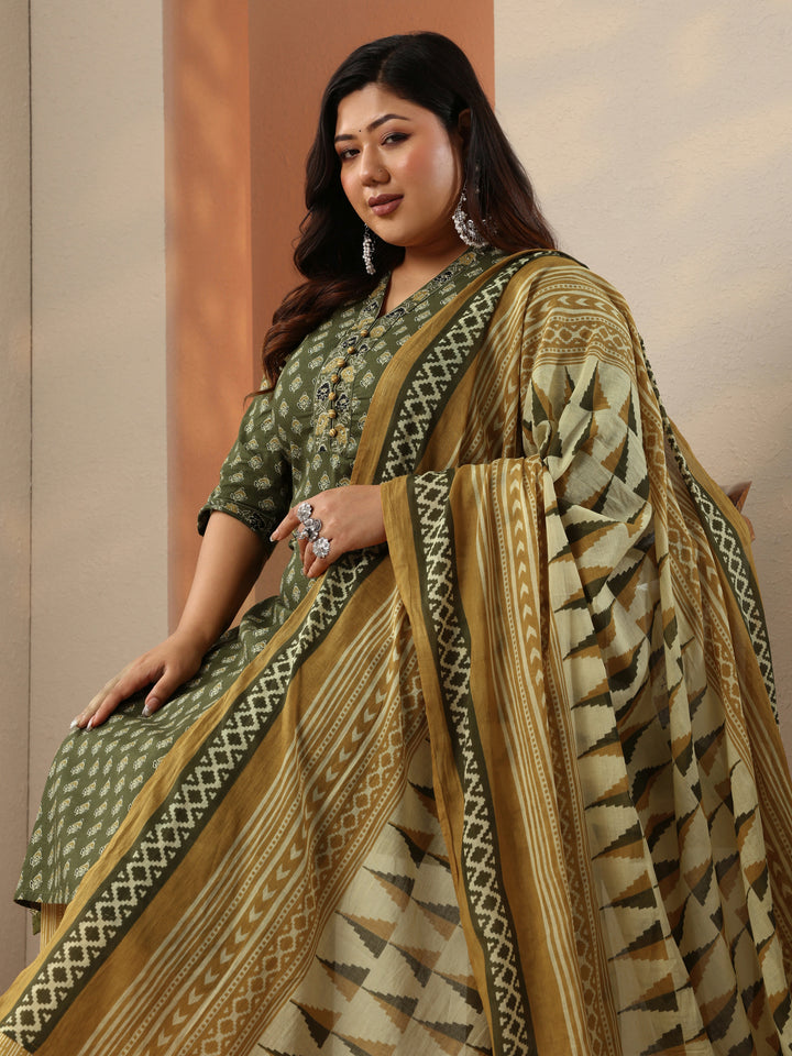 Plus Size Green Printed Cotton Straight Suit Set With Dupatta