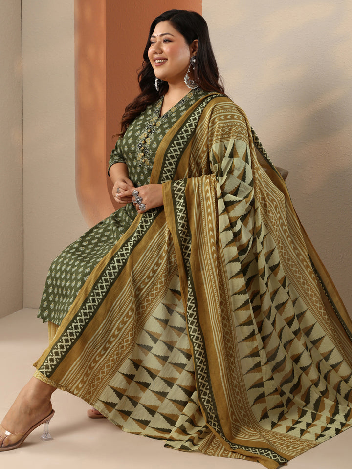 Plus Size Green Printed Cotton Straight Suit Set With Dupatta