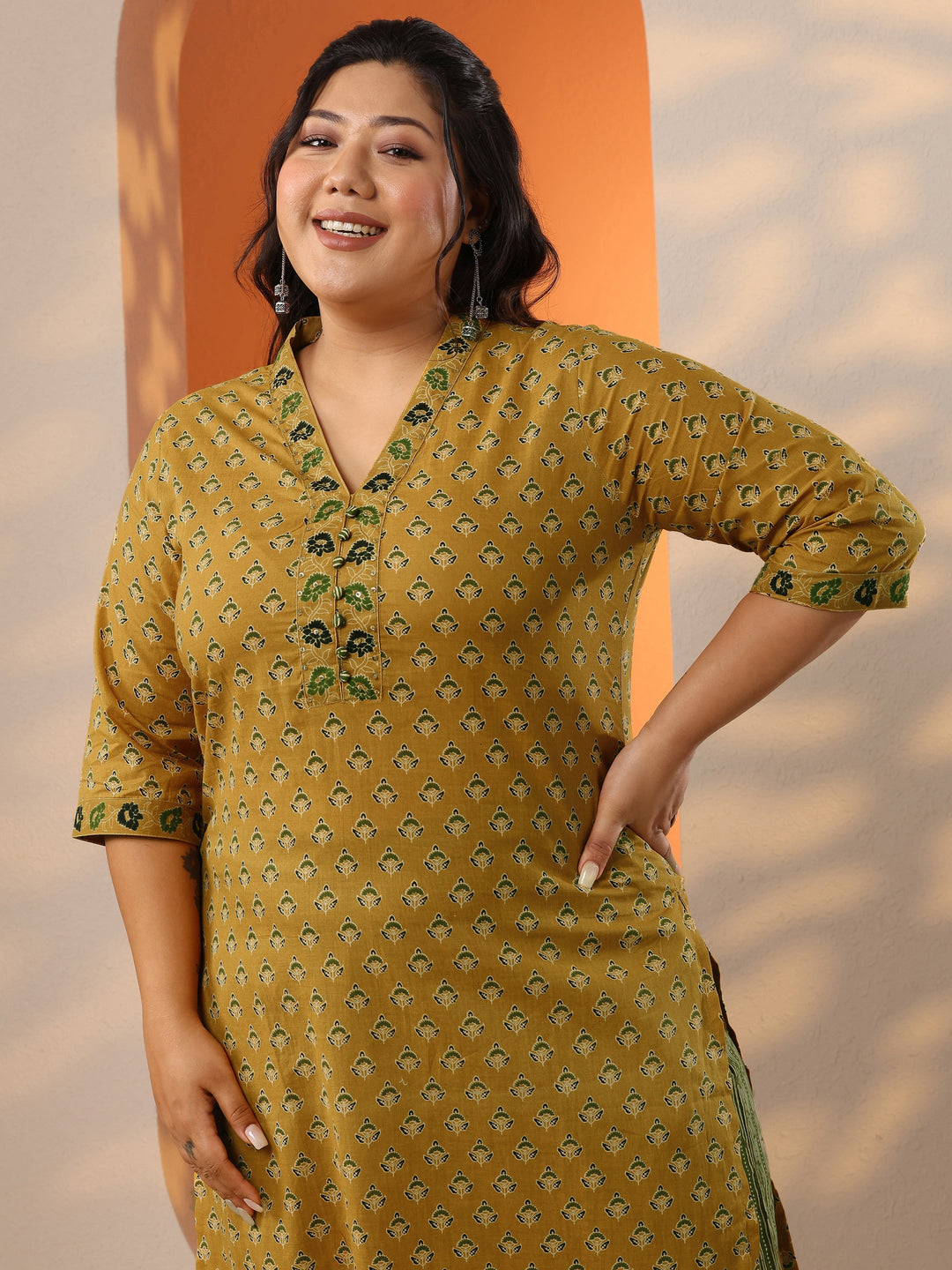 Plus Size Mustard Printed Cotton Straight Suit Set With Dupatta