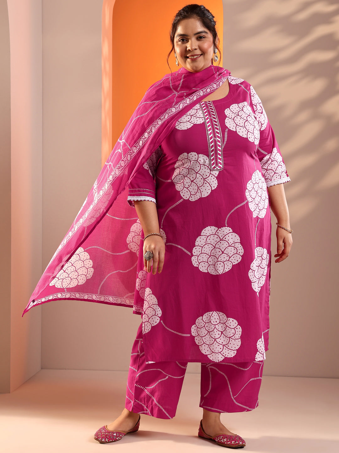 Plus Size Pink Printed Cotton Straight Suit Set With Dupatta