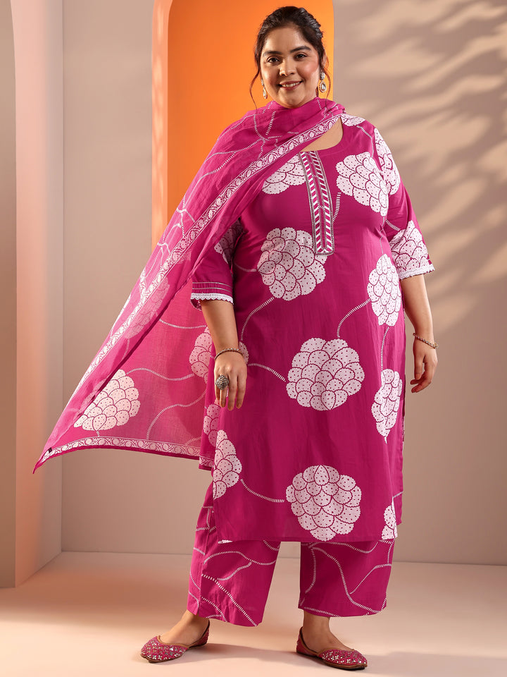 Plus Size Pink Printed Cotton Straight Suit Set With Dupatta