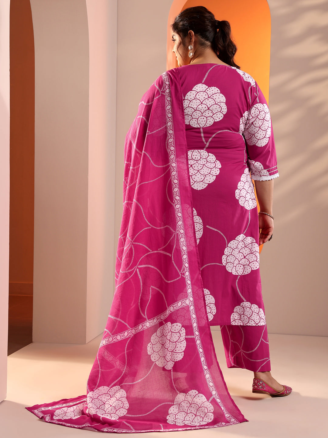 Plus Size Pink Printed Cotton Straight Suit Set With Dupatta