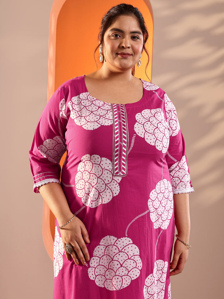 Plus Size Pink Printed Cotton Straight Suit Set With Dupatta