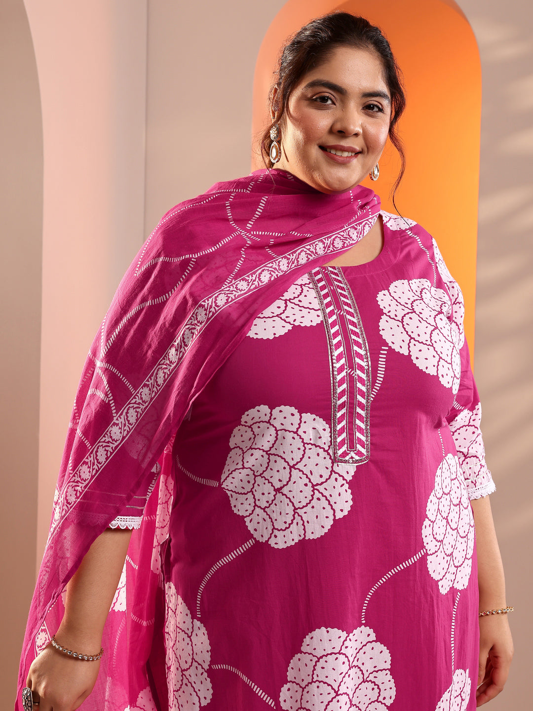 Plus Size Pink Printed Cotton Straight Suit Set With Dupatta
