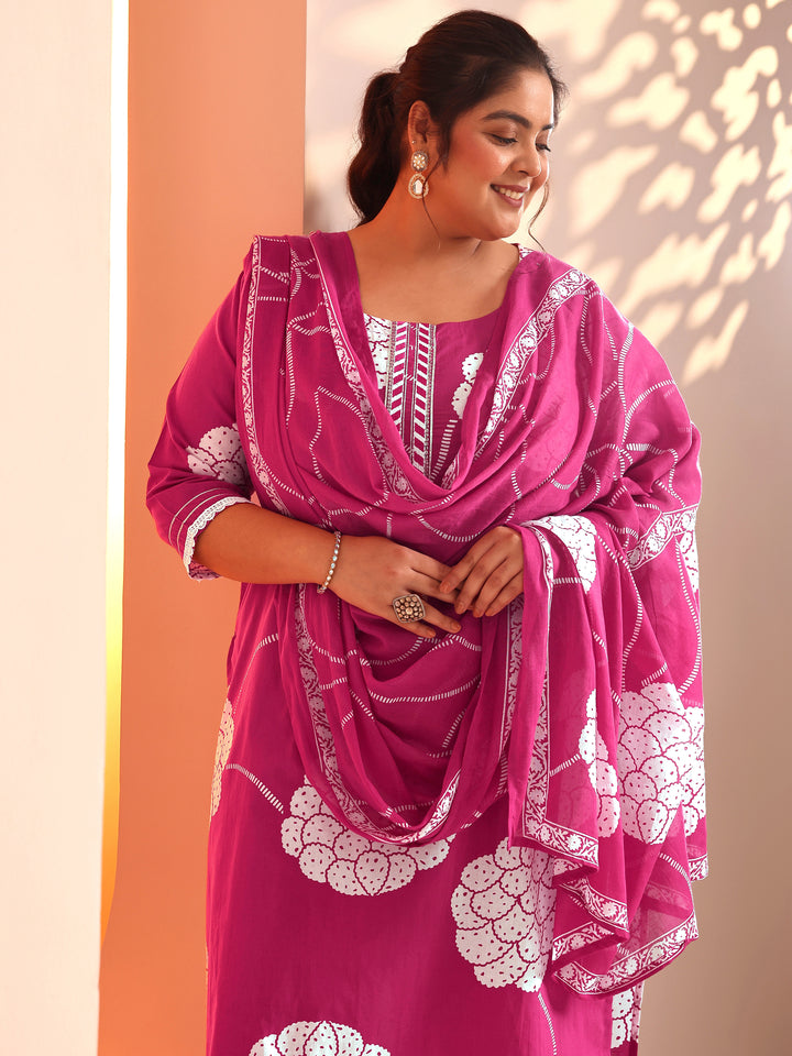 Plus Size Pink Printed Cotton Straight Suit Set With Dupatta