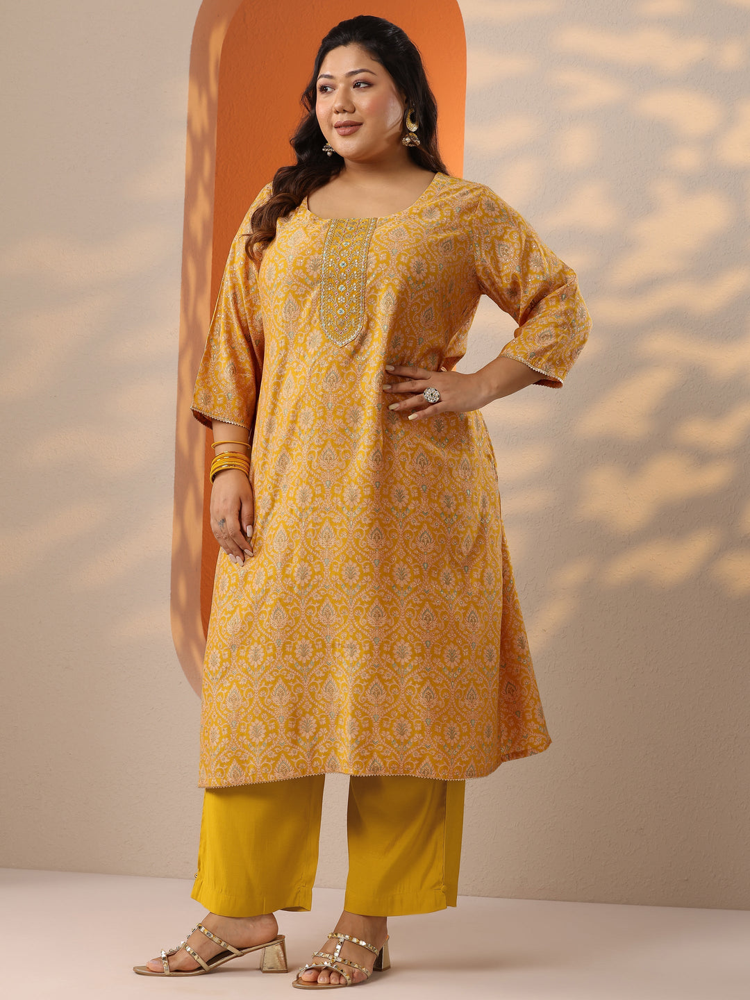 Plus Size Mustard Printed Silk Blend Straight Suit Set With Dupatta