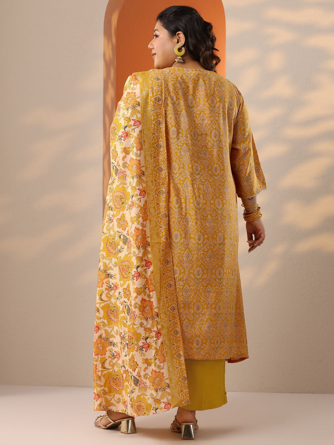 Plus Size Mustard Printed Silk Blend Straight Suit Set With Dupatta