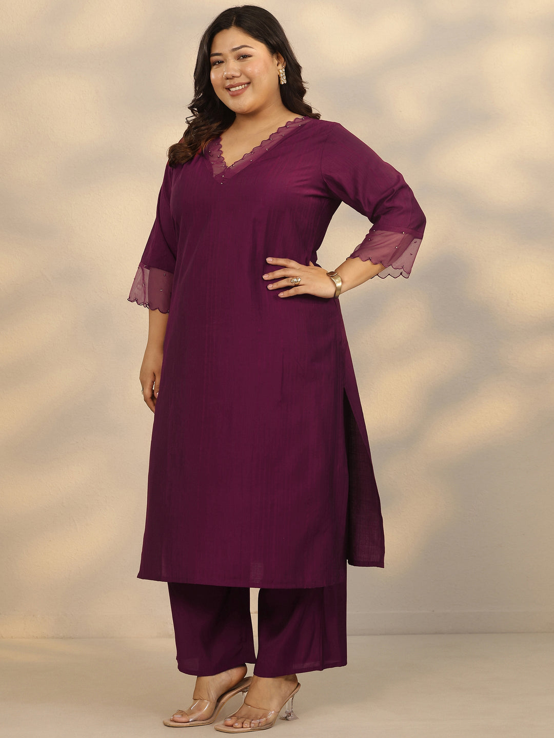 Plus Size Burgundy Woven Design Silk Blend Straight Suit Set With Dupatta