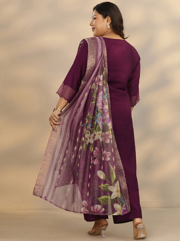 Plus Size Burgundy Woven Design Silk Blend Straight Suit Set With Dupatta