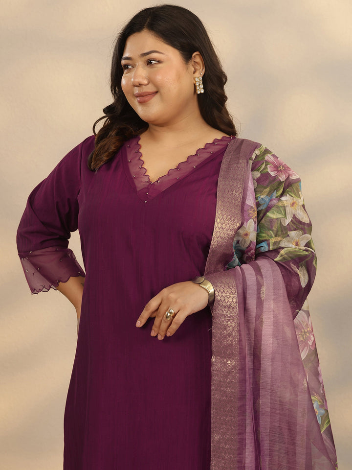 Plus Size Burgundy Woven Design Silk Blend Straight Suit Set With Dupatta