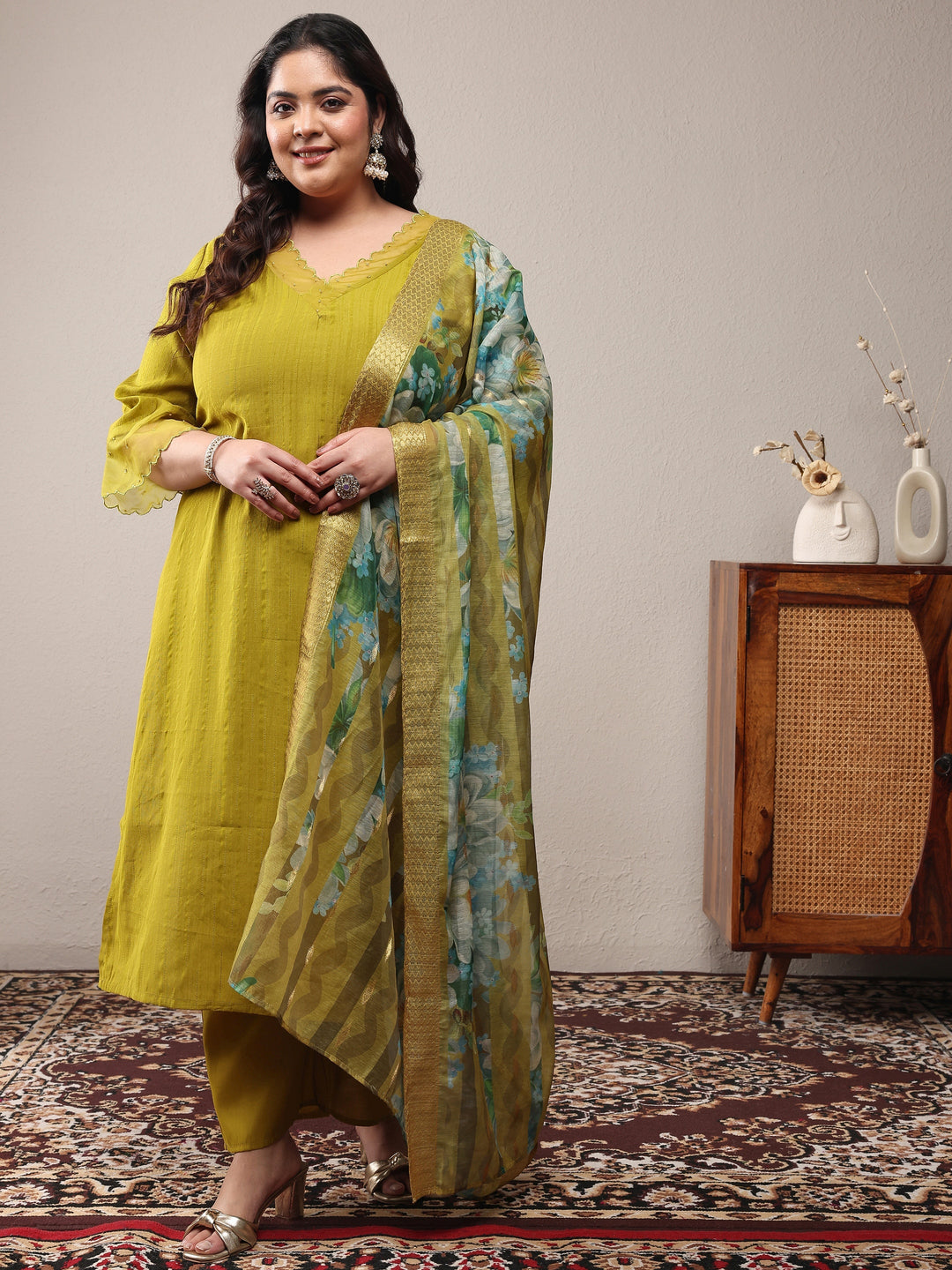 Plus Size Green Woven Design Silk Blend Straight Suit Set With Dupatta