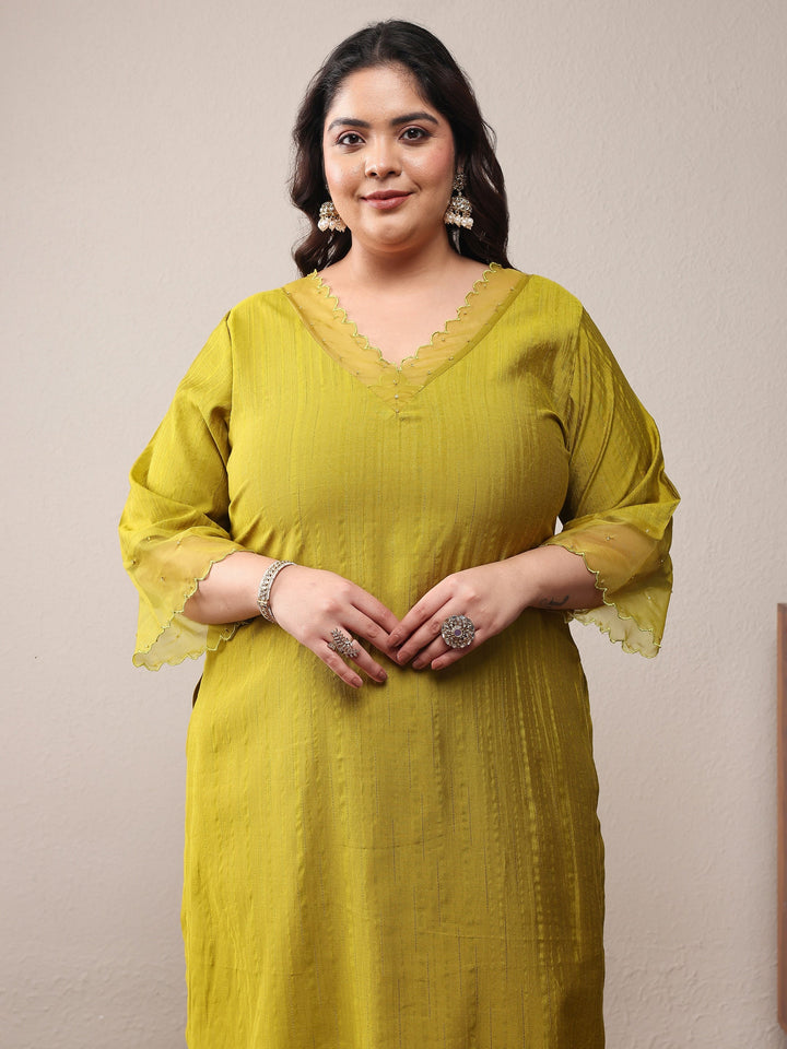 Plus Size Green Woven Design Silk Blend Straight Suit Set With Dupatta