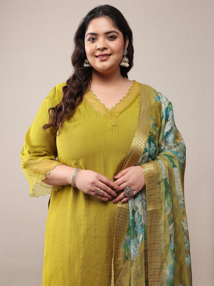 Plus Size Green Woven Design Silk Blend Straight Suit Set With Dupatta