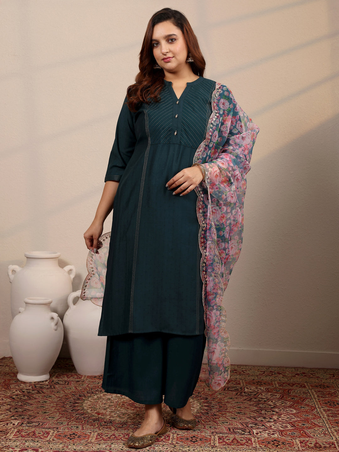 Plus Size Teal Woven Design Silk Blend Straight Suit Set With Dupatta
