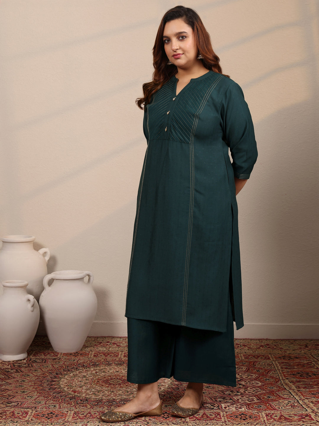 Plus Size Teal Woven Design Silk Blend Straight Suit Set With Dupatta