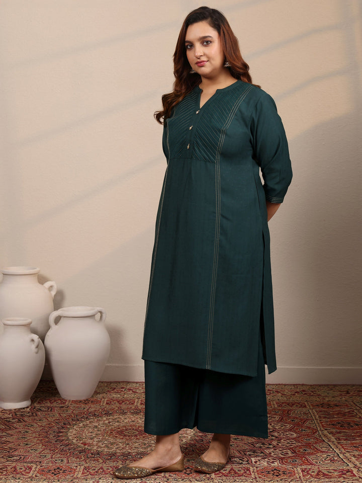 Plus Size Teal Woven Design Silk Blend Straight Suit Set With Dupatta