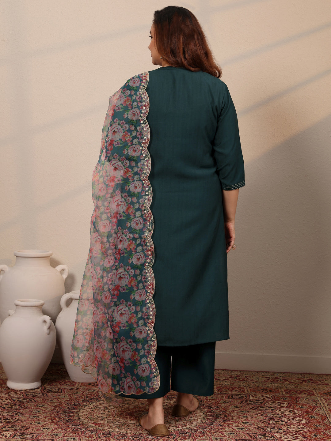 Plus Size Teal Woven Design Silk Blend Straight Suit Set With Dupatta