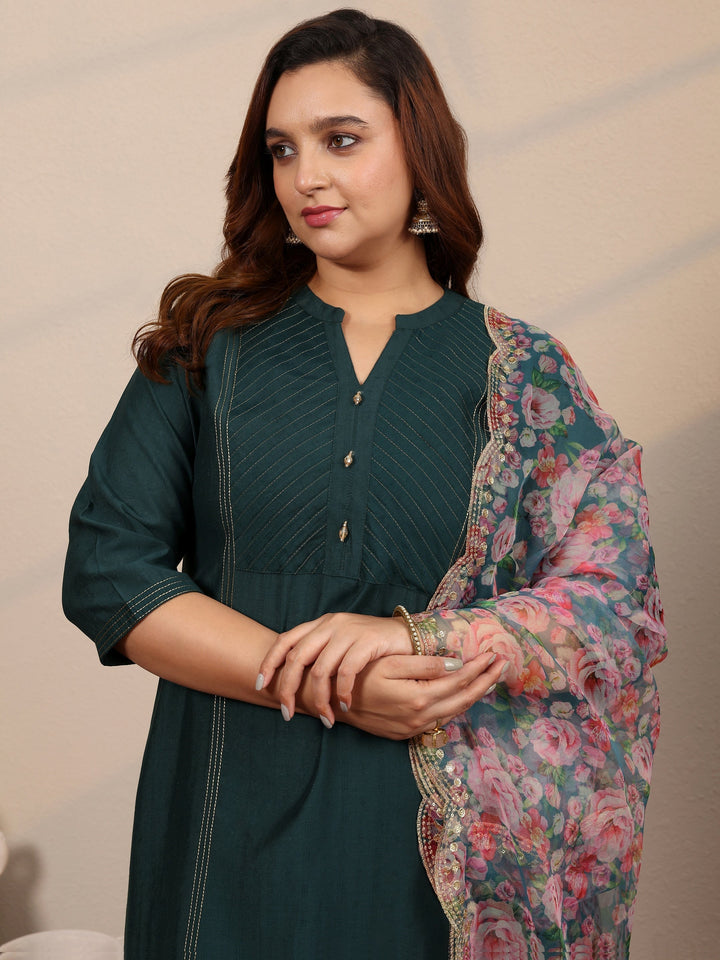 Plus Size Teal Woven Design Silk Blend Straight Suit Set With Dupatta
