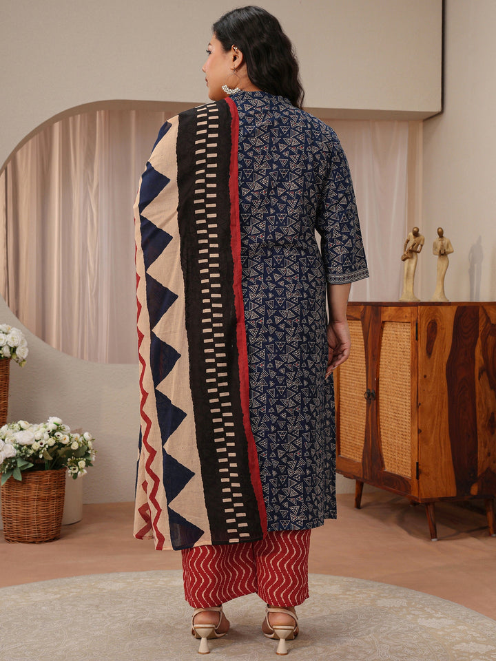 Plus Size Blue Geometric Print Cotton Straight Suit Set