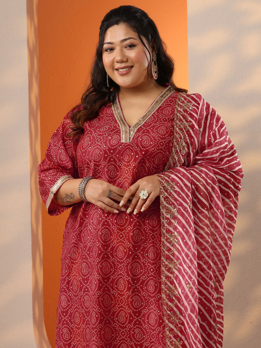 Plus Size Red Printed Silk Blend Straight Suit Set With Dupatta
