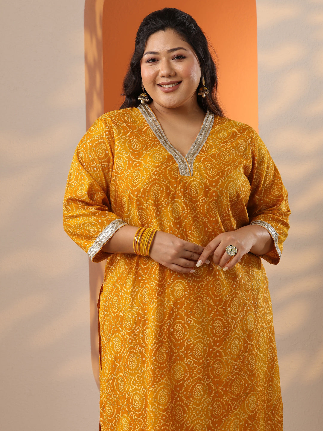 Plus Size Yellow Printed Silk Blend Straight Suit Set With Dupatta