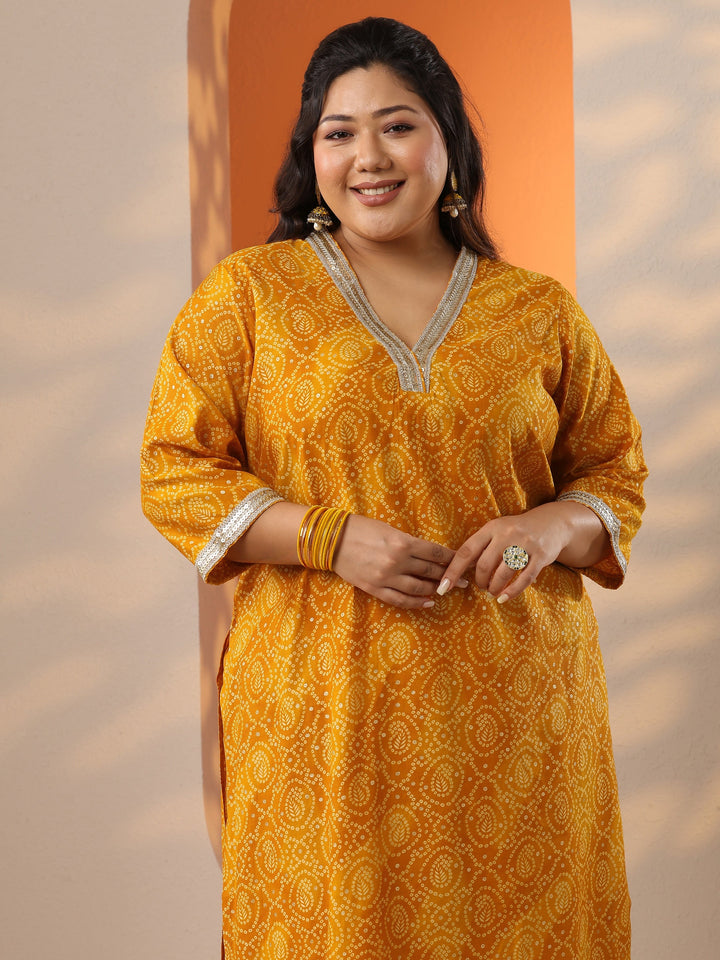 Plus Size Yellow Printed Silk Blend Straight Suit Set With Dupatta