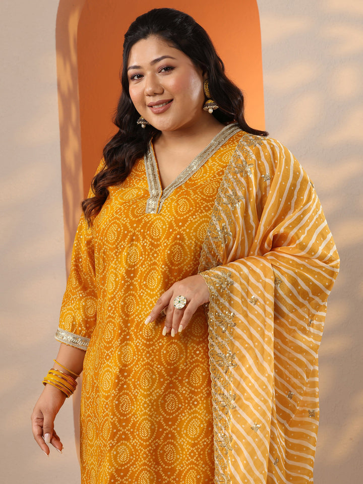 Plus Size Yellow Printed Silk Blend Straight Suit Set With Dupatta