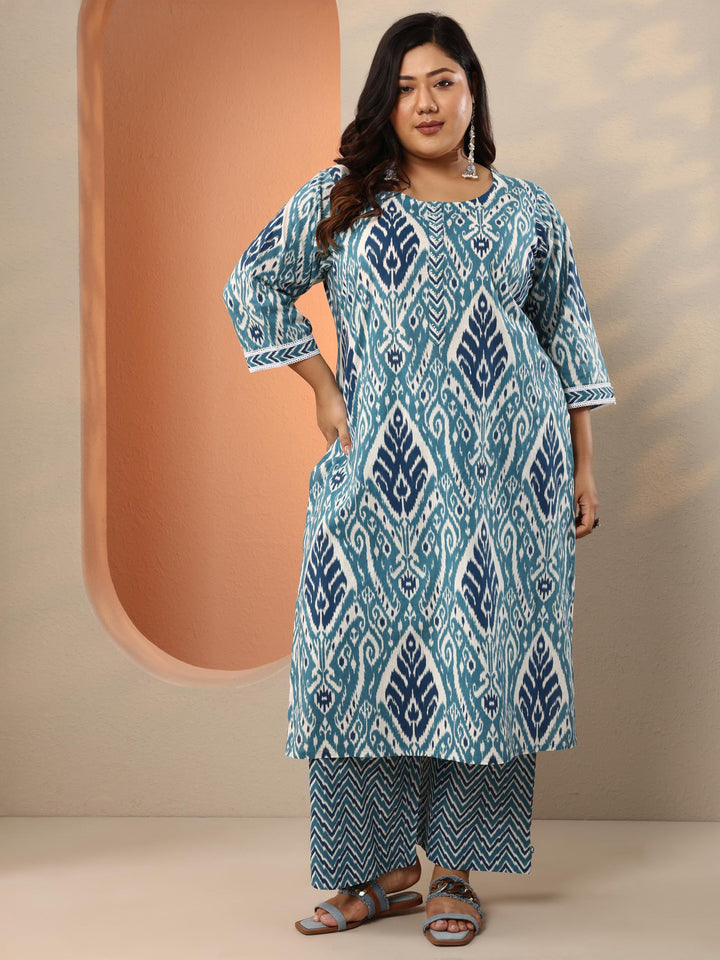 Plus Size Blue Printed Cotton Straight Kurta Set