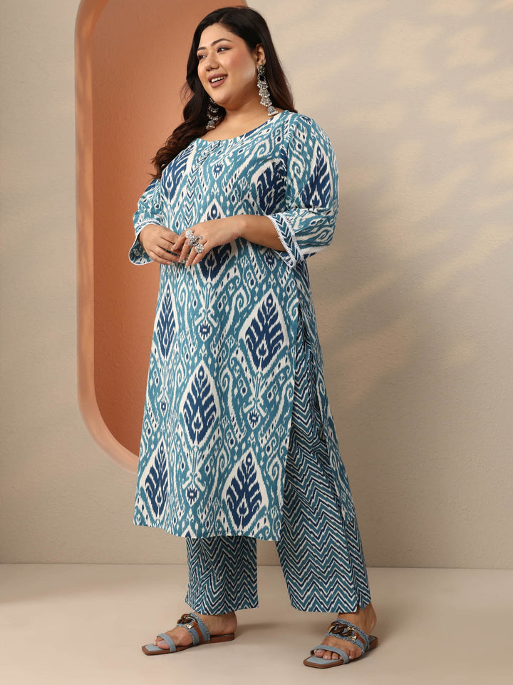 Plus Size Blue Printed Cotton Straight Kurta Set