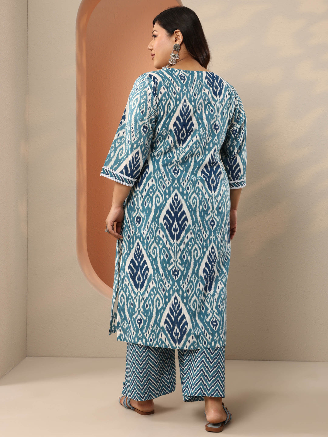 Plus Size Blue Printed Cotton Straight Kurta Set