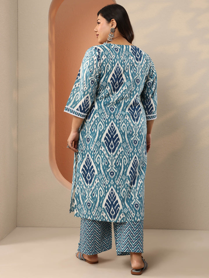 Plus Size Blue Printed Cotton Straight Kurta Set
