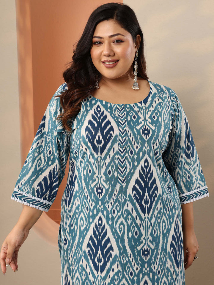Plus Size Blue Printed Cotton Straight Kurta Set